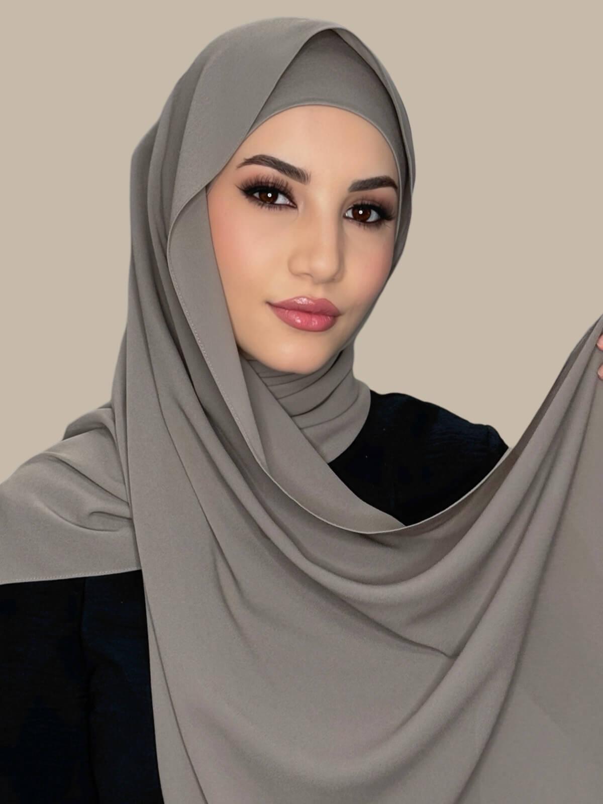 Truffle Matching Chiffon Hijab Set on model,front view showing full opacity of hijab