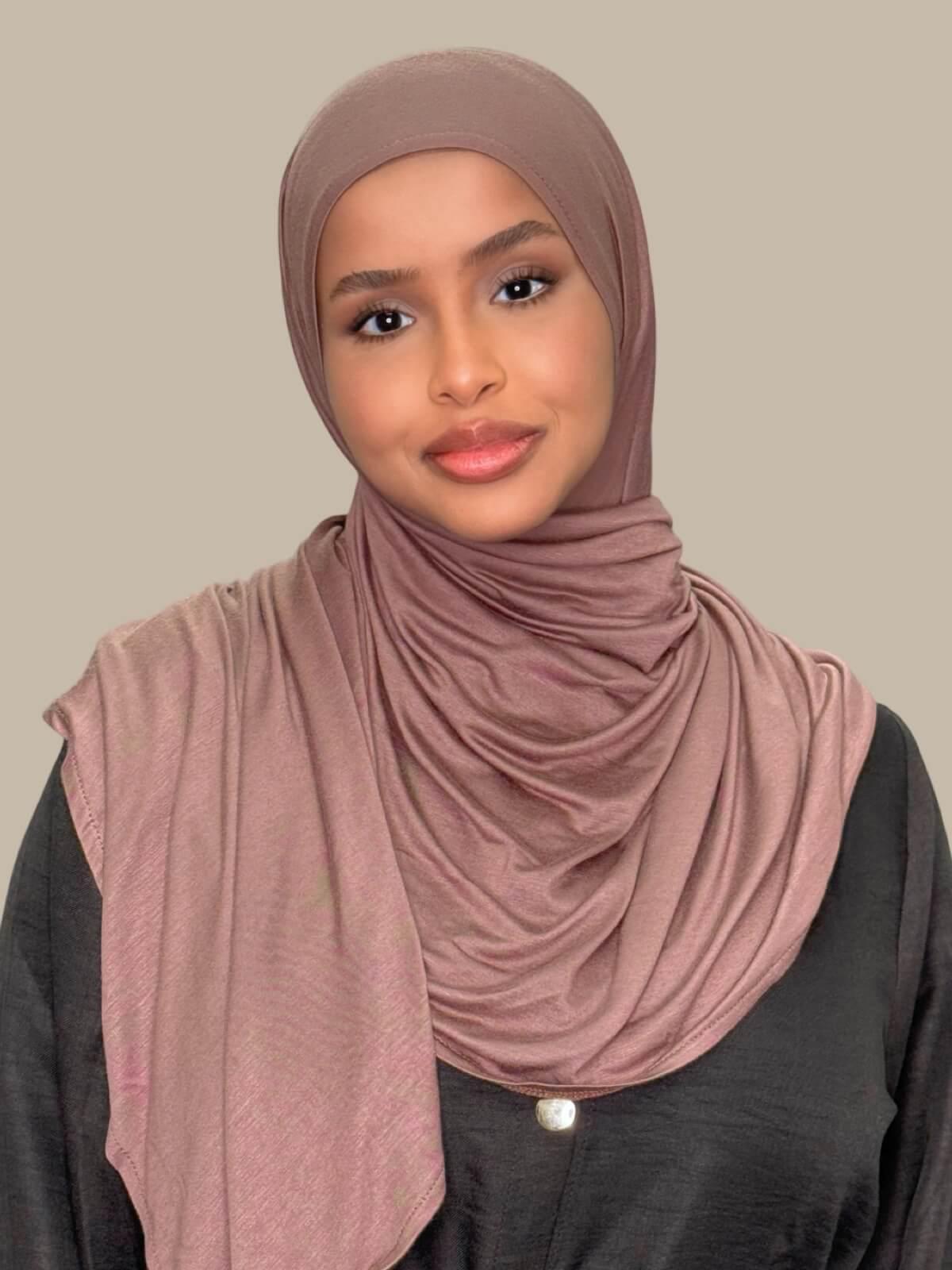 Mocha Brown Pre-Sewn Jersey Hijab, front view on model. no pins no effort