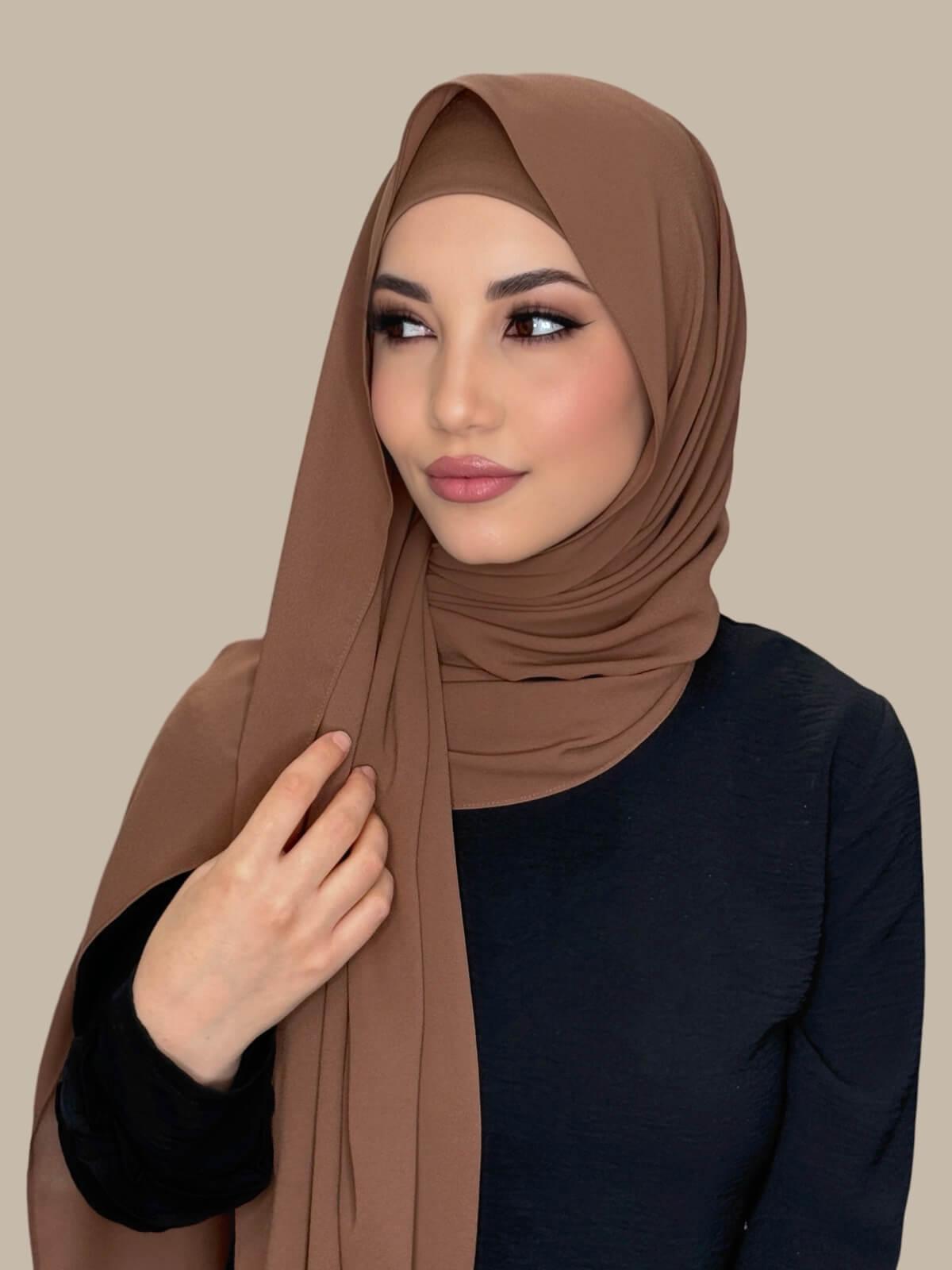 Cinnamon Matching Chiffon Hijab Set on model,front view showing lightweight drape and smooth layered wrap with elegant finish