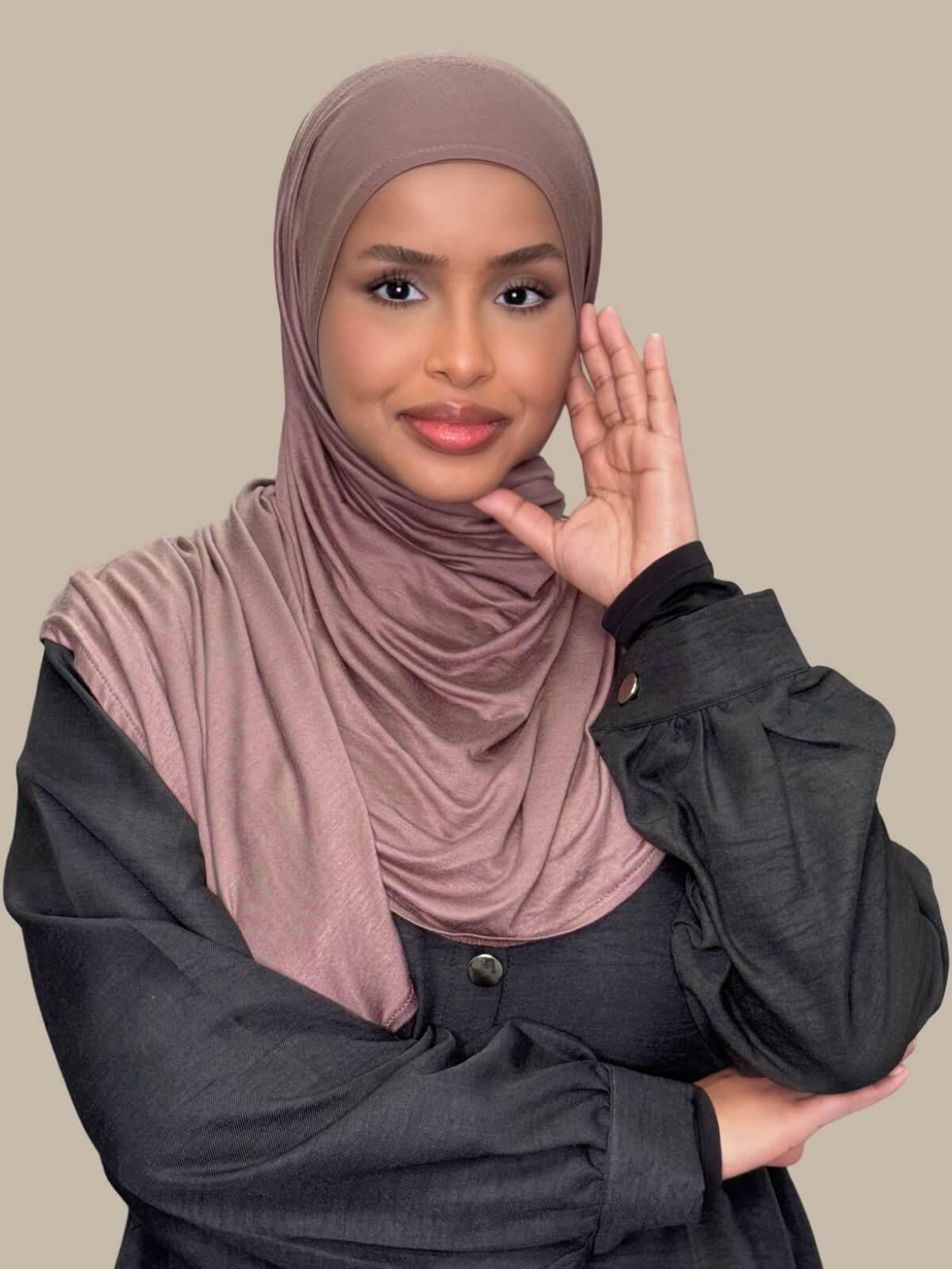 Mocha Brown Pre-Sewn Jersey Hijab, front view on model, easy to wrap, style and go.