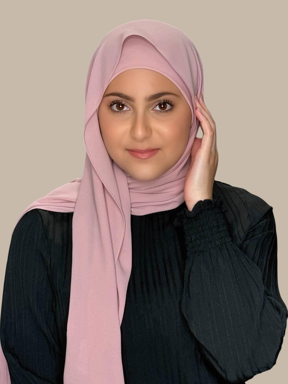 Blush Rose Matching Chiffon Hijab Set in modish girl size on model, front view showing lightweight drape and smooth layered wrap with elegant finish.