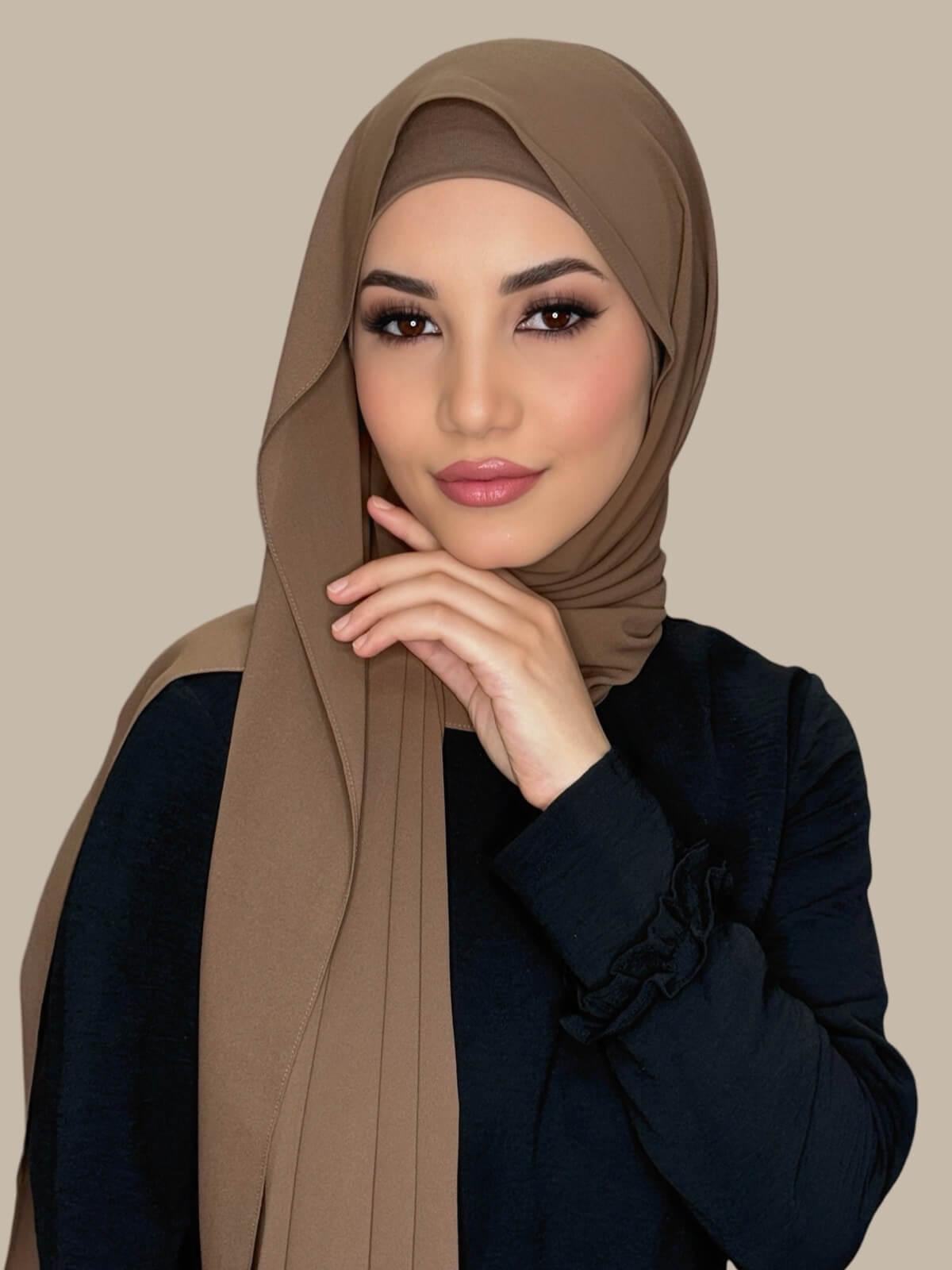 Walnut Brown Matching Chiffon Hijab Set on model,front view showing lightweight drape and smooth layered wrap with elegant finish
