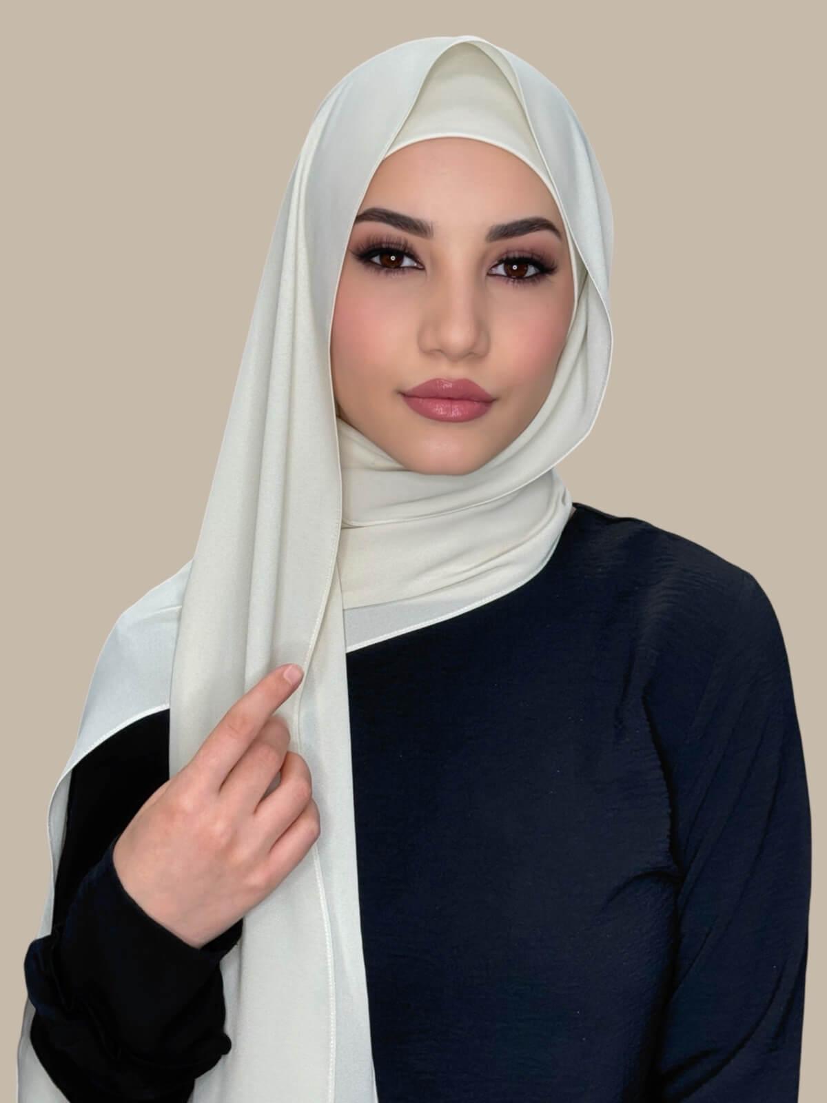 Royal Beige Matching Chiffon Hijab Set on model,front view showing draped over shoulder