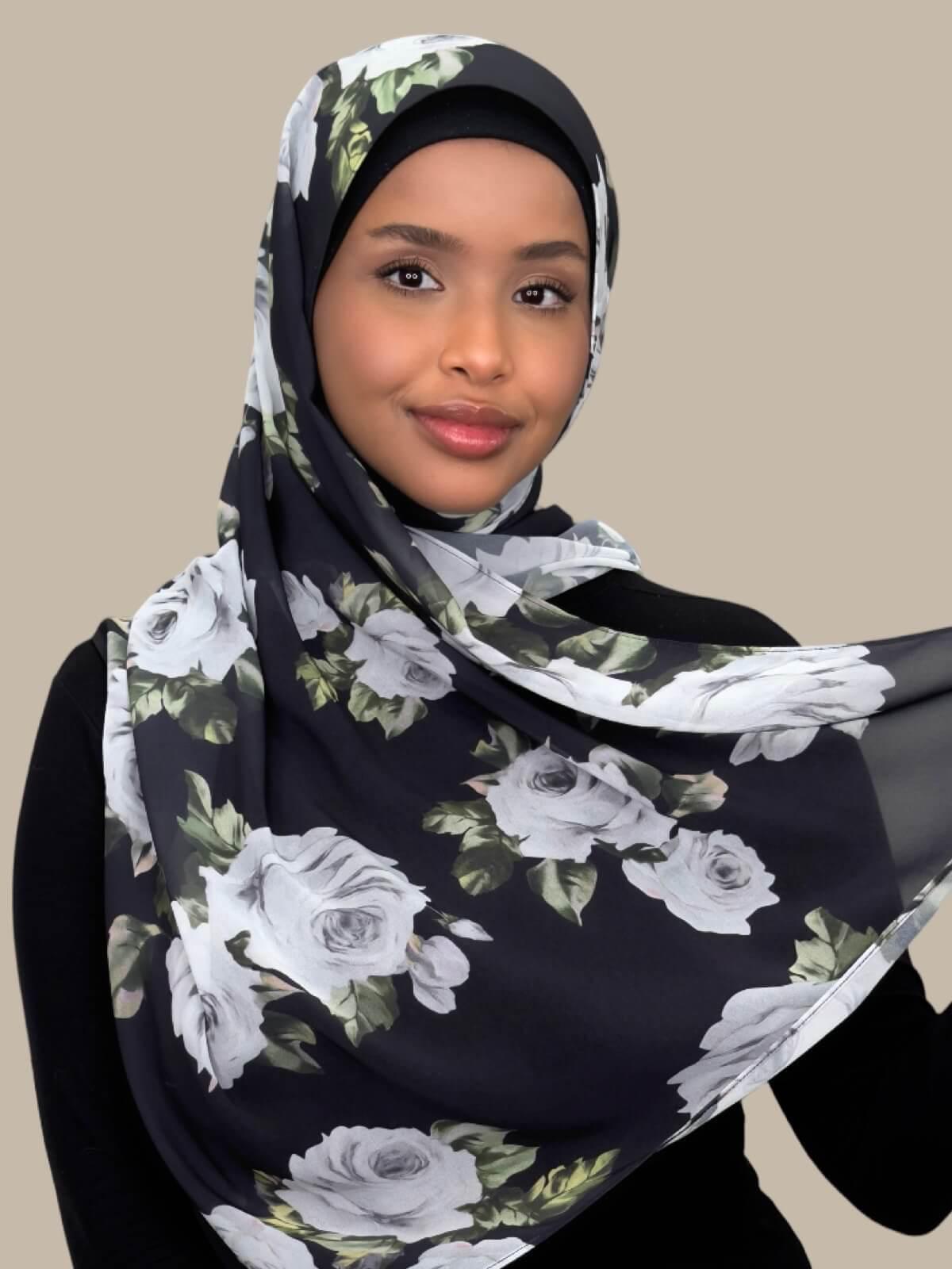 Printed Chiffon Hijab-Frosted Rosette