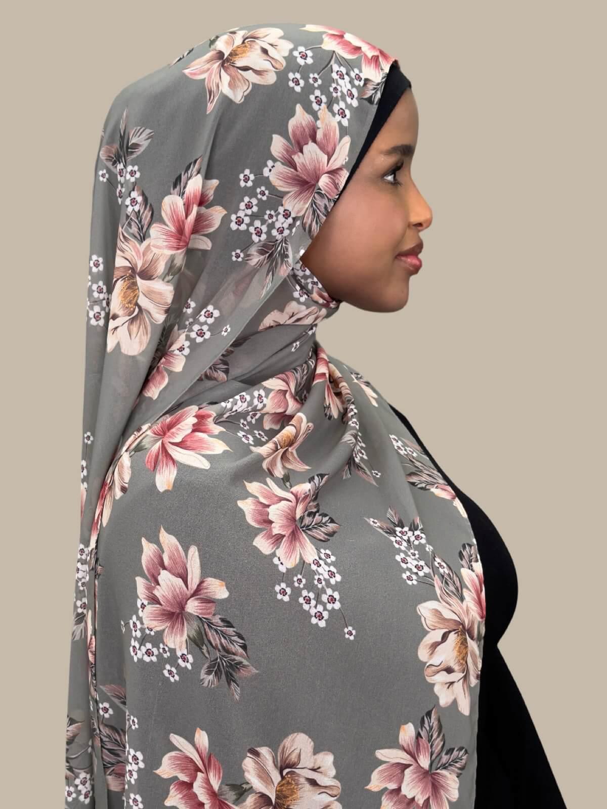 Printed Chiffon Hijab-Vintage Peony