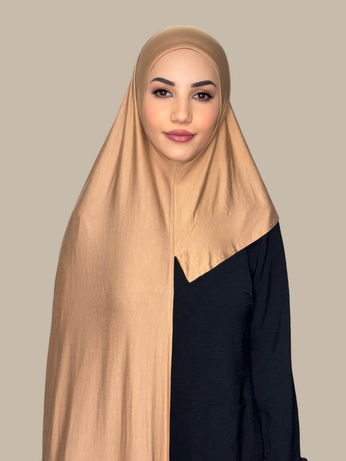 Honey Pre-Sewn Jersey Hijab front view on model showing full coverage and smooth drape on both sides
