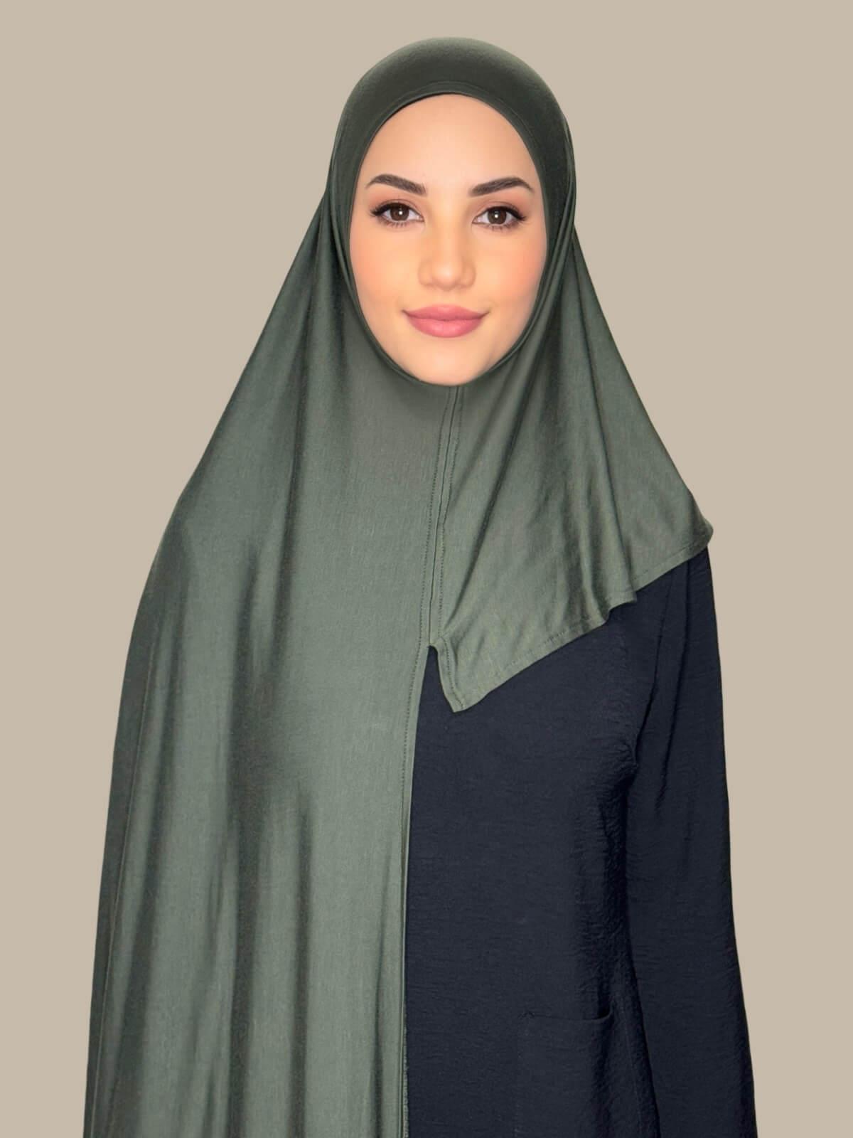 Army Green Pre-Sewn Jersey Hijab front view on model showing full coverage and smooth drape on both sides