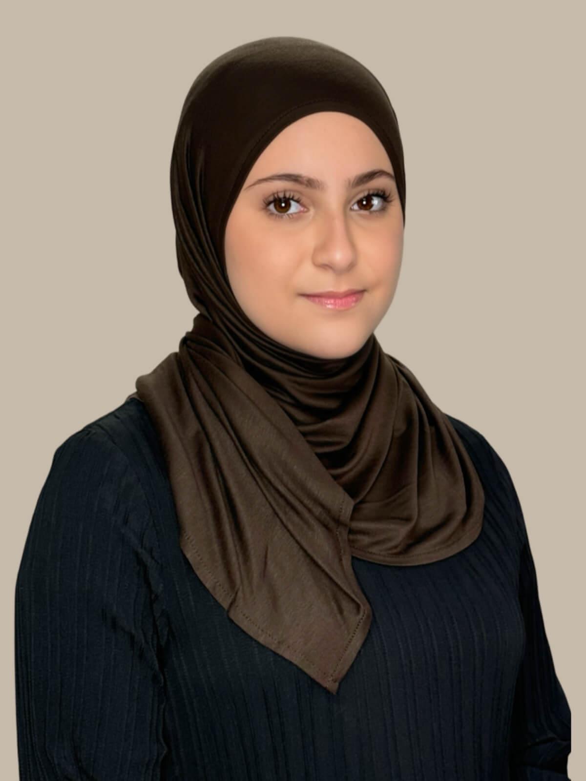 Chocolate Brown Pre-Sewn Jersey Hijab in Modish Girl size, side view on model with hijab wrapped neatly around shoulders showing smooth fit and soft stretch fabric.