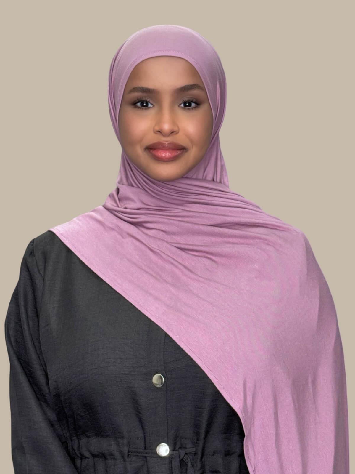 Khaki Rose Pre-Sewn Jersey Hijab front view on model draped over the shoulder