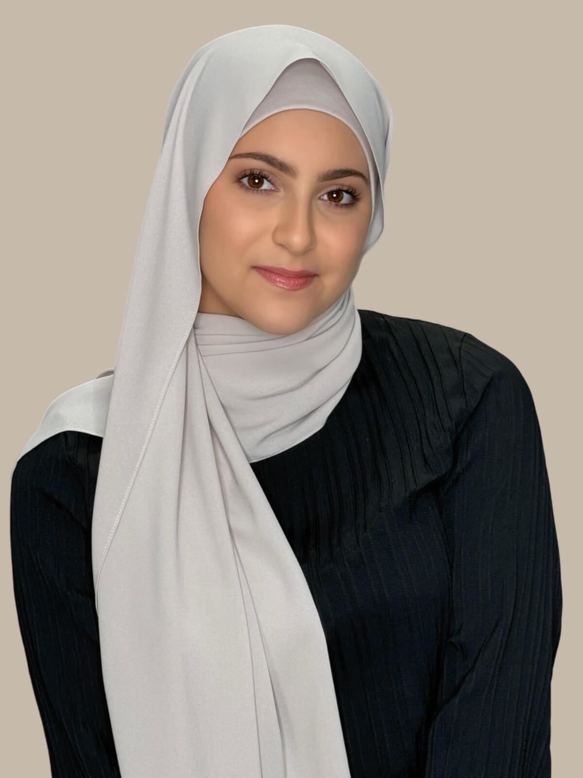 Misty Lilac Matching Chiffon Hijab Set in modish girl size on model, side view showing lightweight drape and smooth layered wrap with elegant finish.