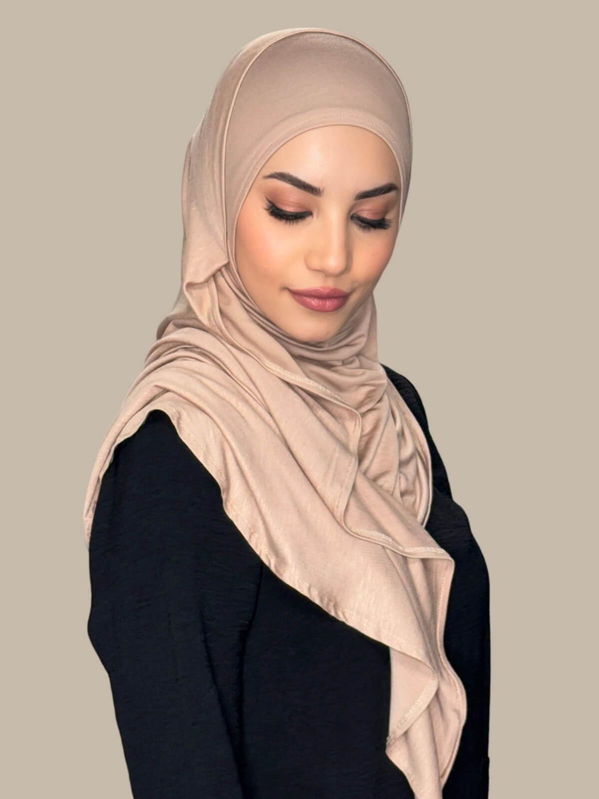 Warm Taupe Pre-Sewn Jersey Hijab, side view on model