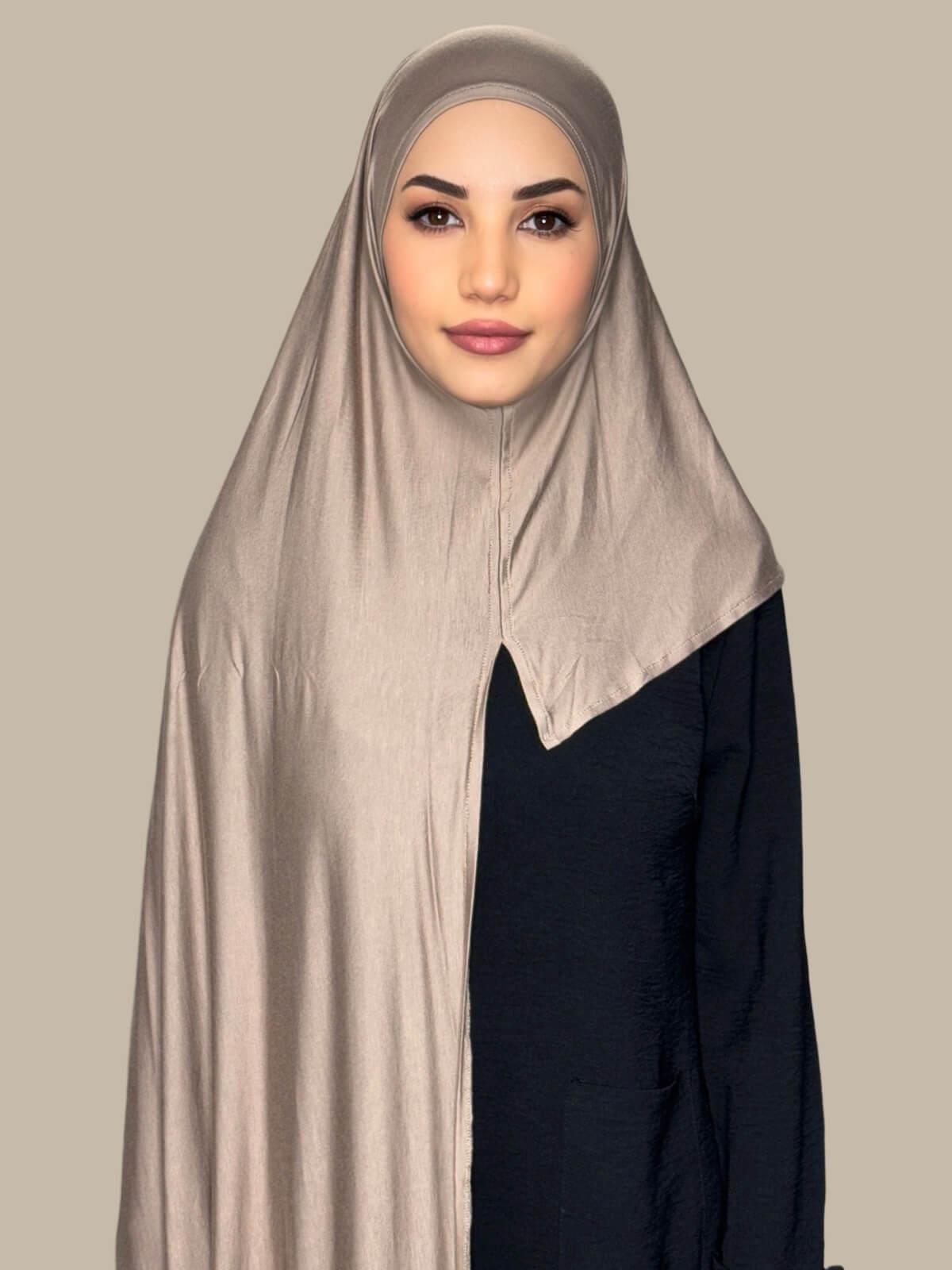Desert Pre-Sewn Jersey Hijab front view on model showing full coverage and smooth drape on both sides