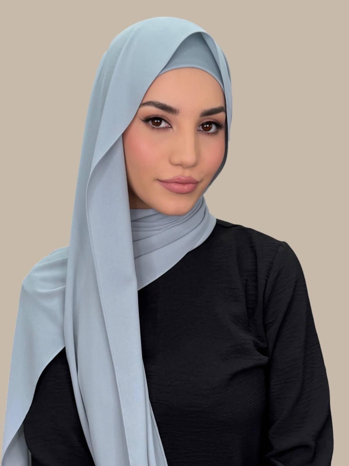 Stone Blue Matching Chiffon Hijab Set on model,side view showing lightweight drape over one shoulder