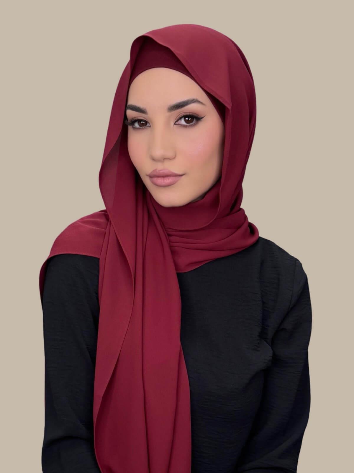 Mahogany Matching Chiffon Hijab Set on model, side view draped over shoulder