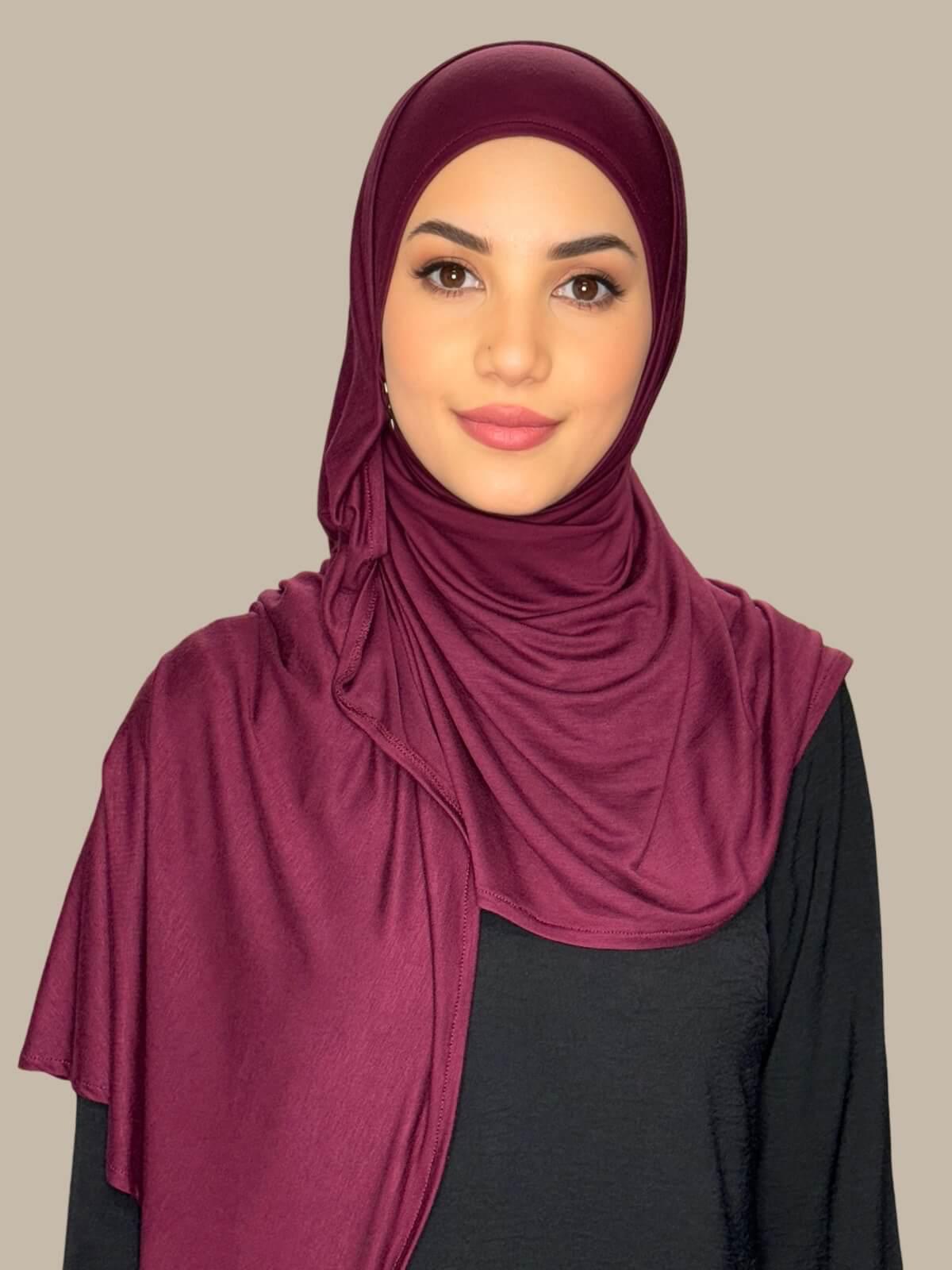 Burgundy Pre-Sewn Jersey Hijab front view on model