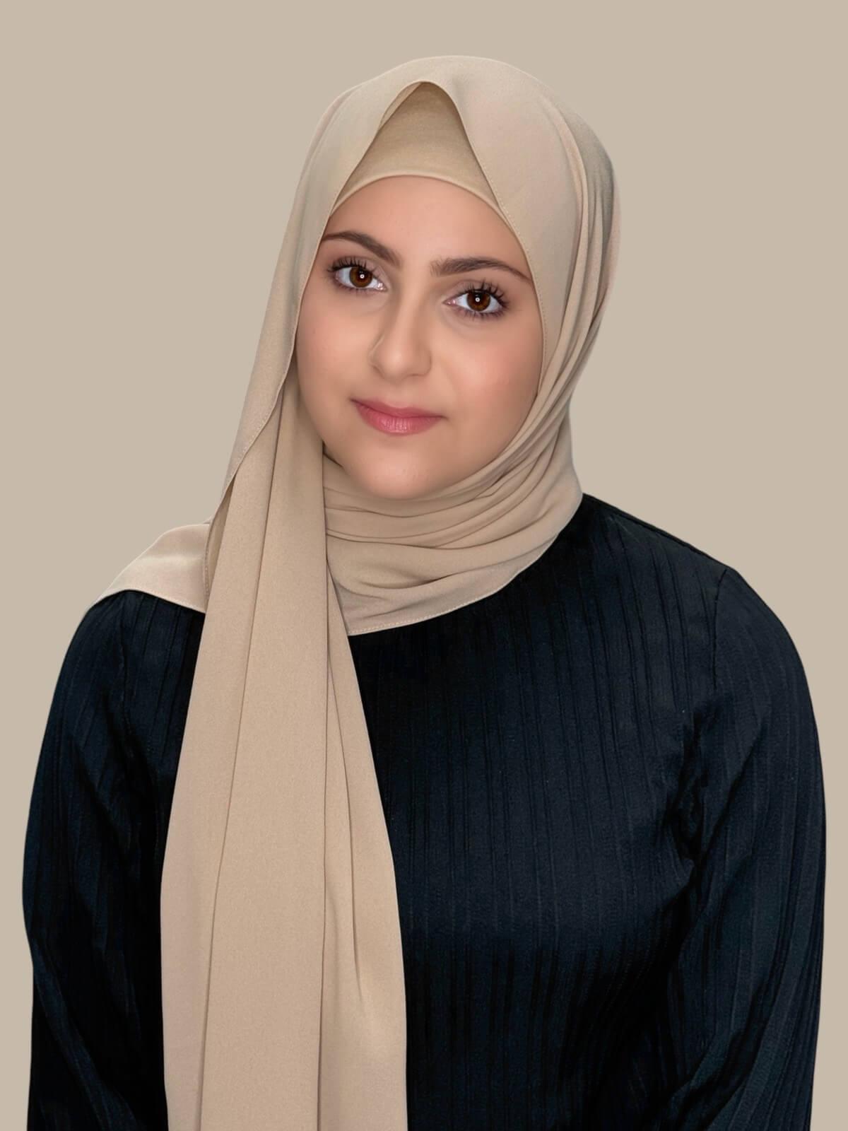 Desert Matching Chiffon Hijab Set in modish girl size on model, side view showing lightweight drape and smooth layered wrap with elegant finish.