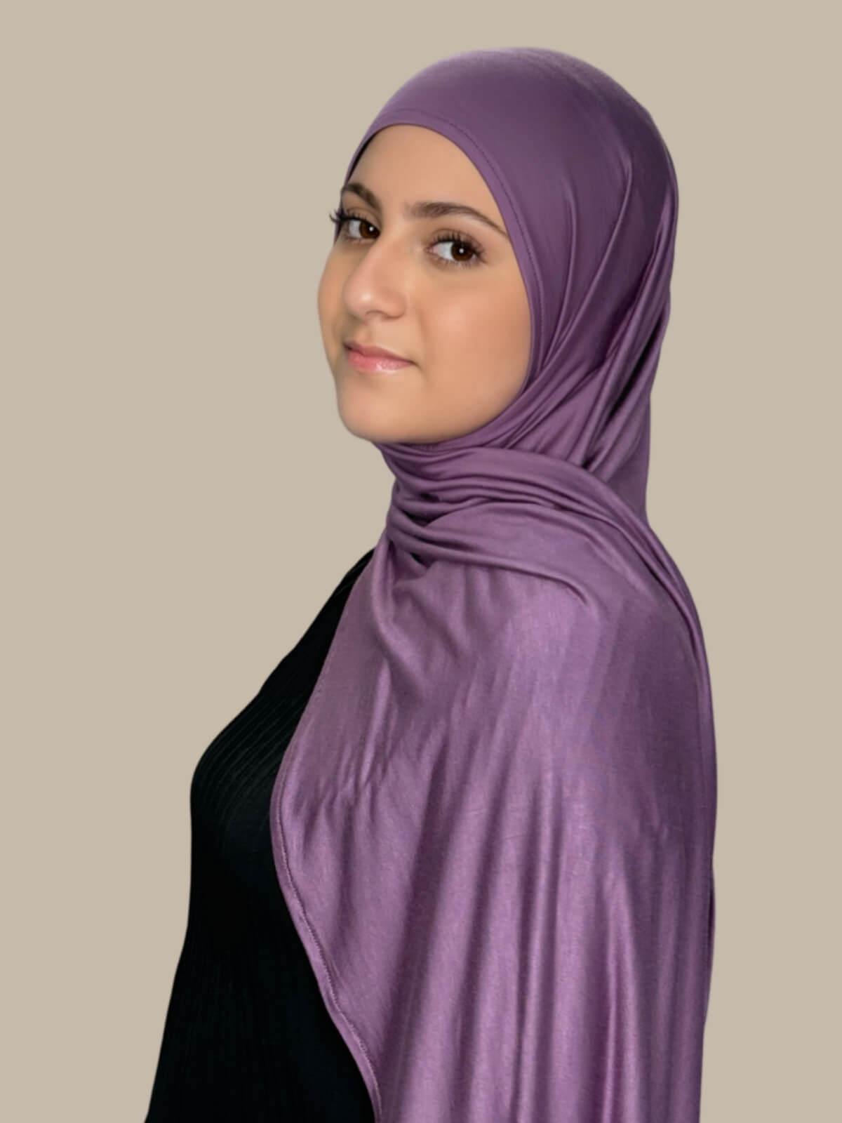Mauve Taupe Pre-Sewn Jersey Hijab in Modish Girl size, side view on model with hijab draped over shoulder showing smooth fit and soft stretch