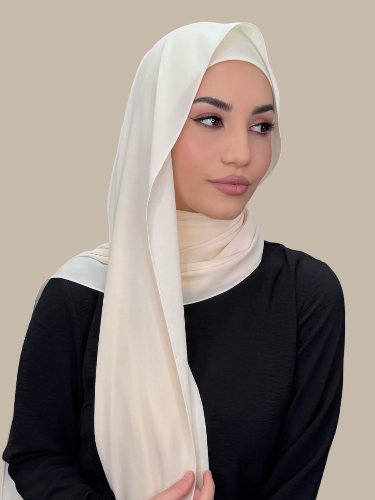Ivory Lace Matching Chiffon Hijab Set on model, side view showing lightweight drape and smooth layered wrap with elegant finish.