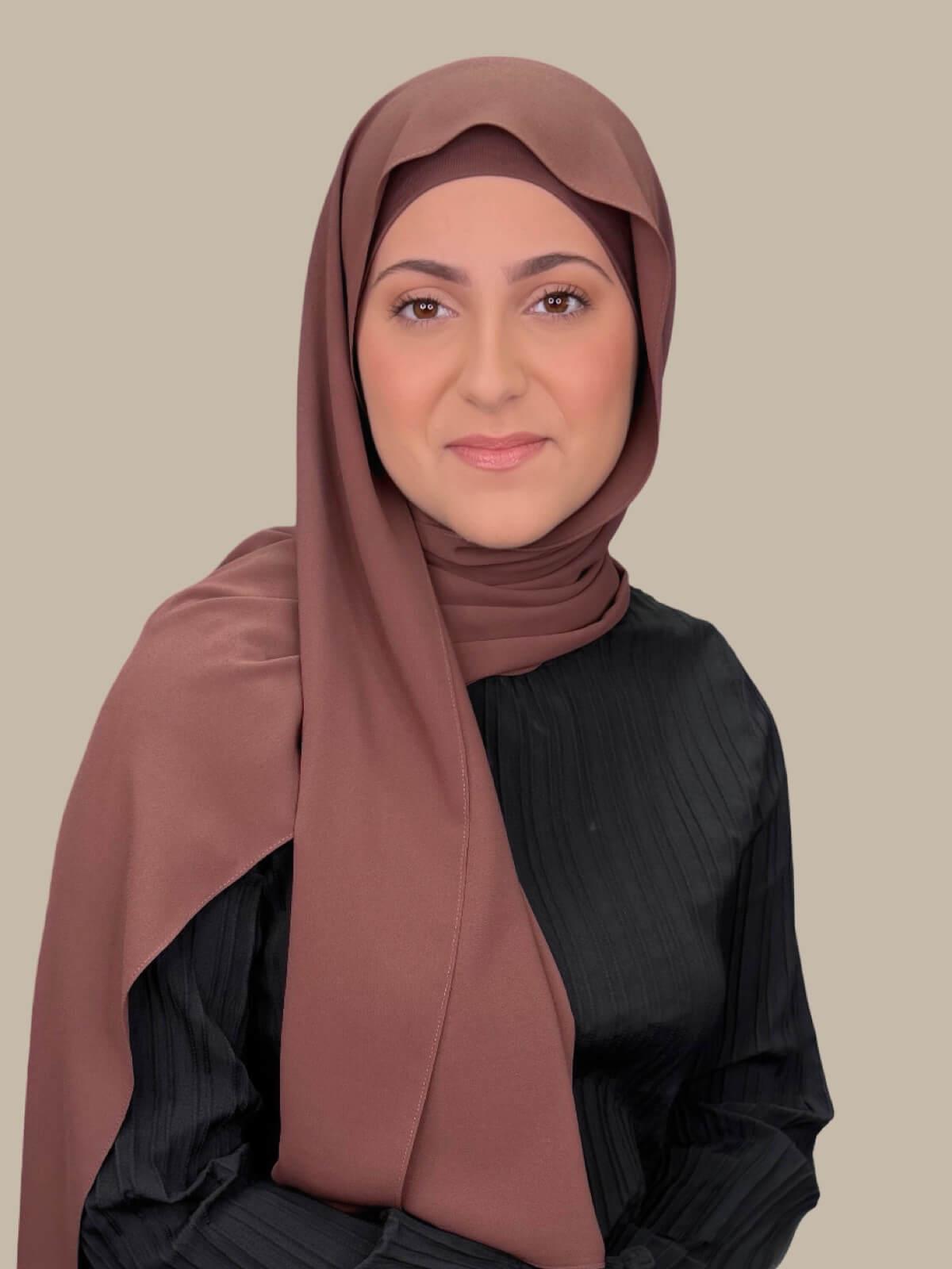 Burnt Redwood Matching Chiffon Hijab Set in modish girl size on model, side view showing lightweight drape and smooth layered wrap with elegant finish.