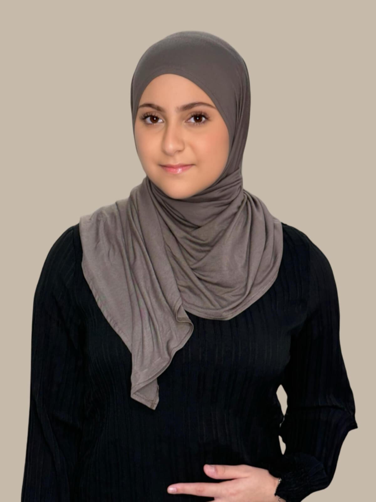 Hazel Pre-Sewn Jersey Hijab in Modish Girl size, front view on model with hijab wrapped neatly around shoulders showing smooth fit and soft stretch fabric.