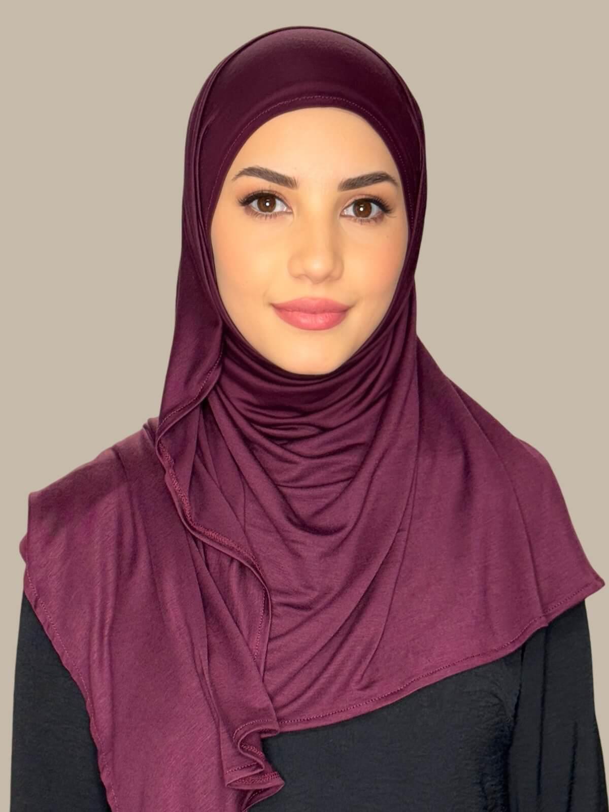 Wine Pre-Sewn Jersey Hijab front view on model