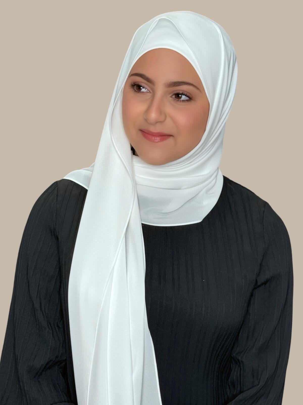 White Matching Chiffon Hijab Set in modish girl size on model,front view showing lightweight drape and smooth layered wrap with elegant finish.