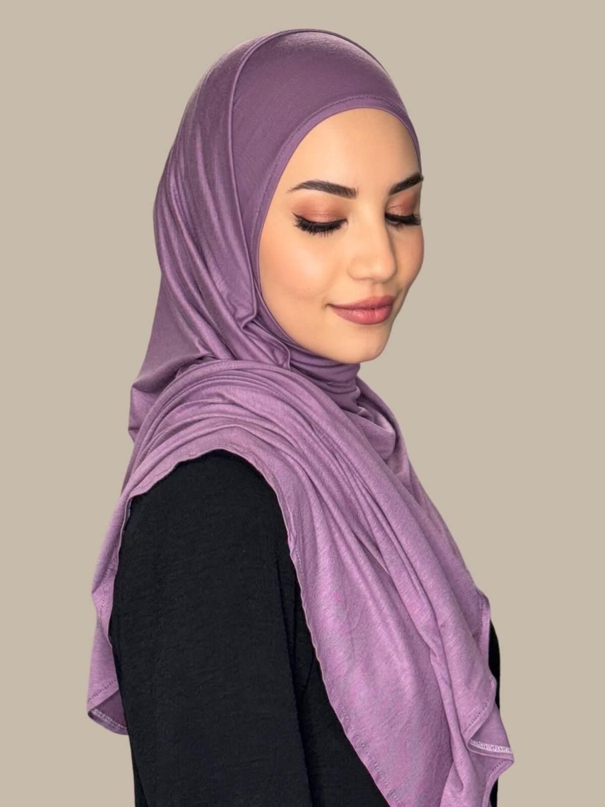 Mauve Taupe Pre-Sewn jersey Hijab side view on model
