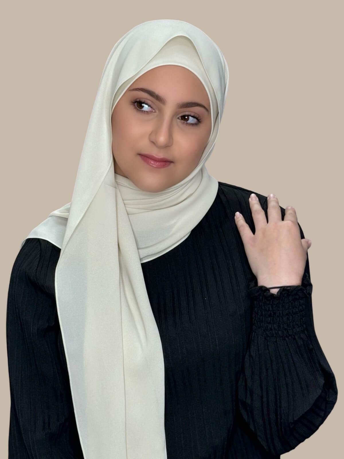 Royal Beige Matching Chiffon Hijab Set in modish girl size on model, front view showing lightweight drape and smooth layered wrap with elegant finish.