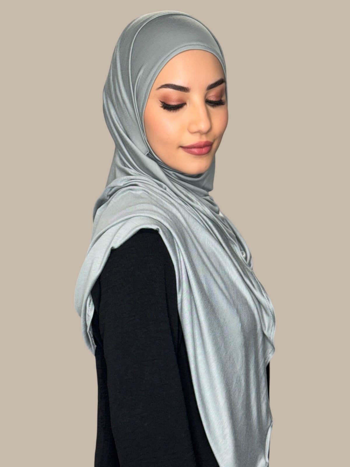 Stone Green Pre-Sewn Jersey Hijab, side view on model
