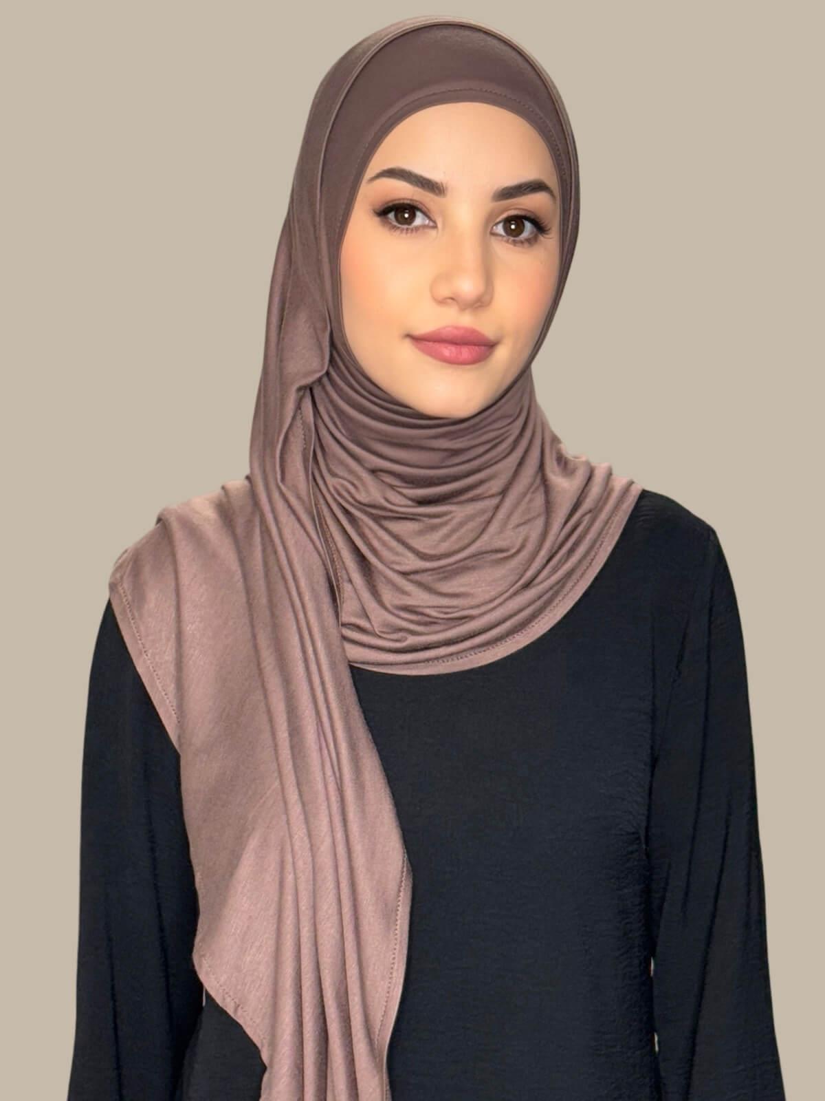 Mocha Brown Pre-Sewn Jersey Hijab, front view on model