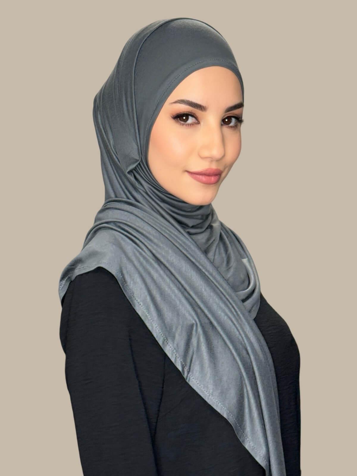 Pebble Grey Pre-Sewn Jersey Hijab — side profile showing fit