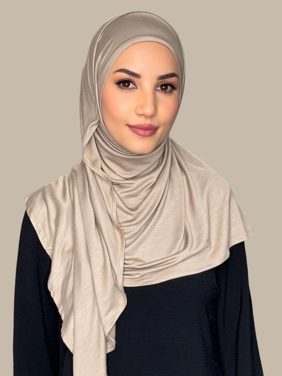 Vanilla Pre-Sewn jersey Hijab, front view on model