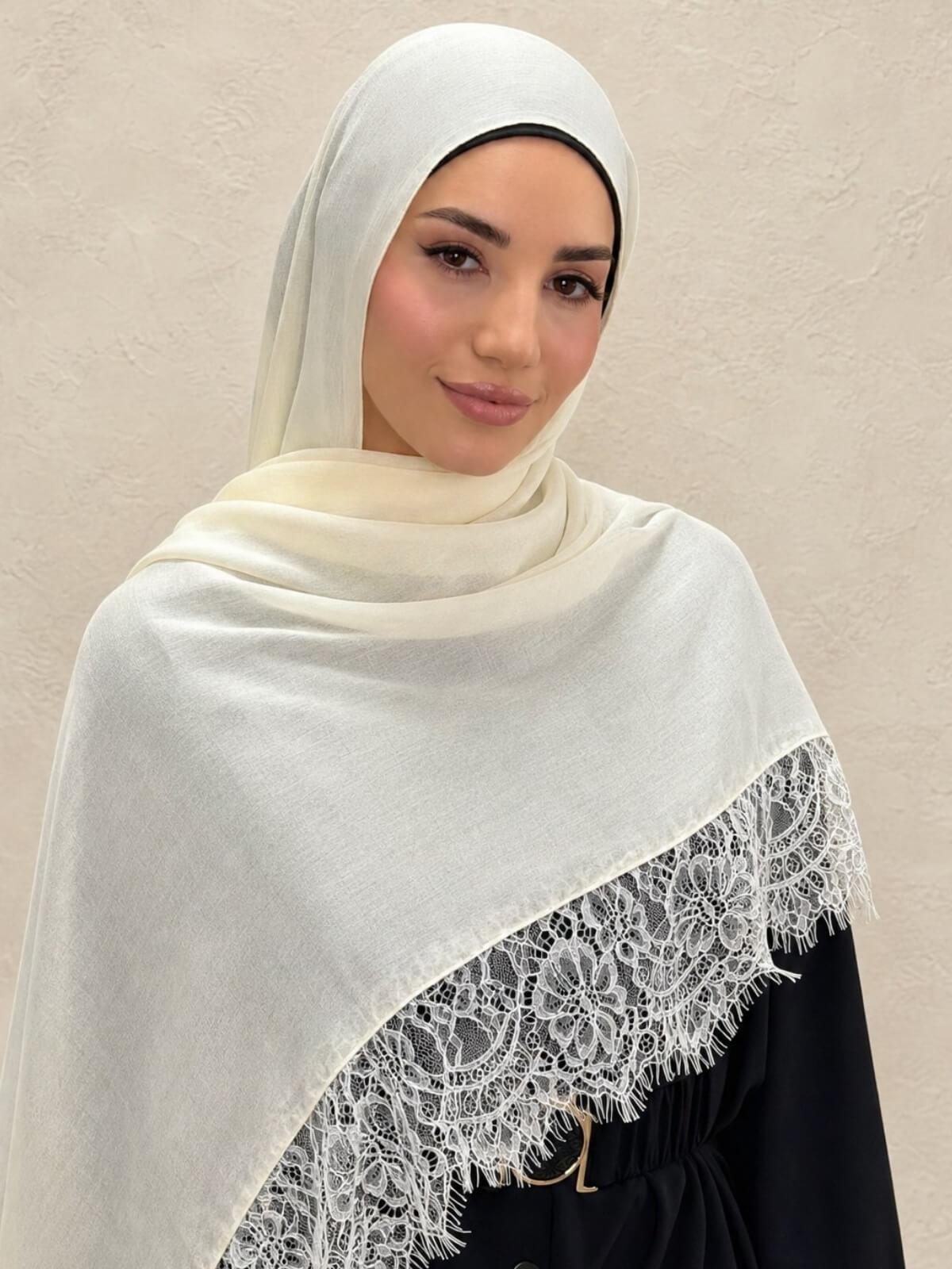 Lace Cotton Modal Hijab-Vanilla Silk