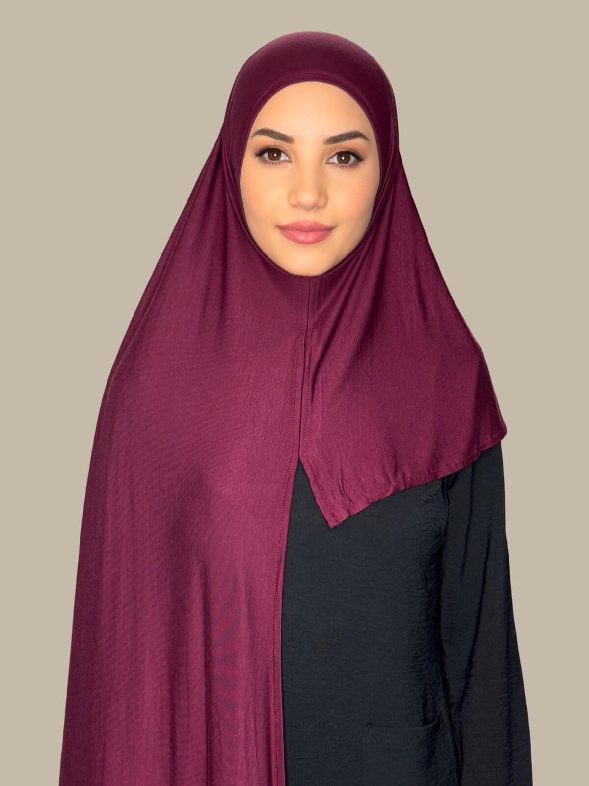 Burgundy Pre-Sewn Jersey Hijab front view on model showing full coverage and smooth drape on both sides