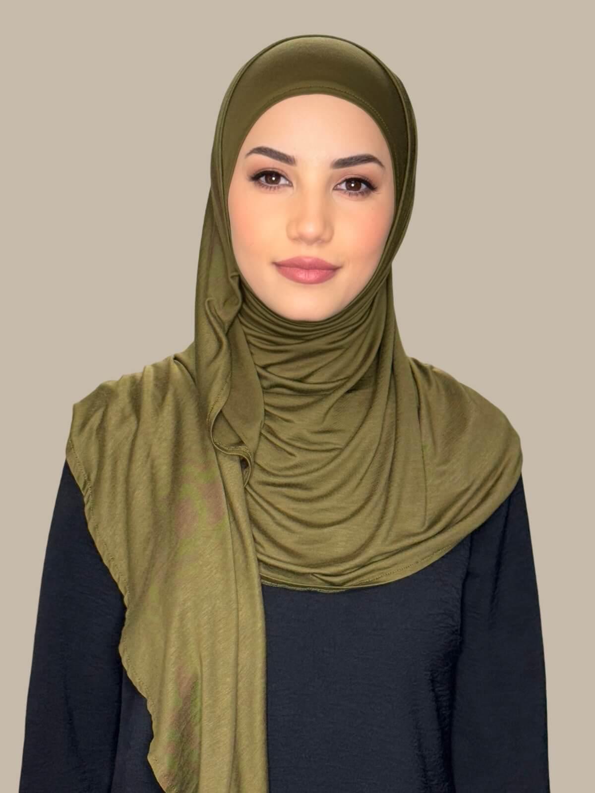 Olive Green Pre-Sewn Jersey Hijab, front view on model