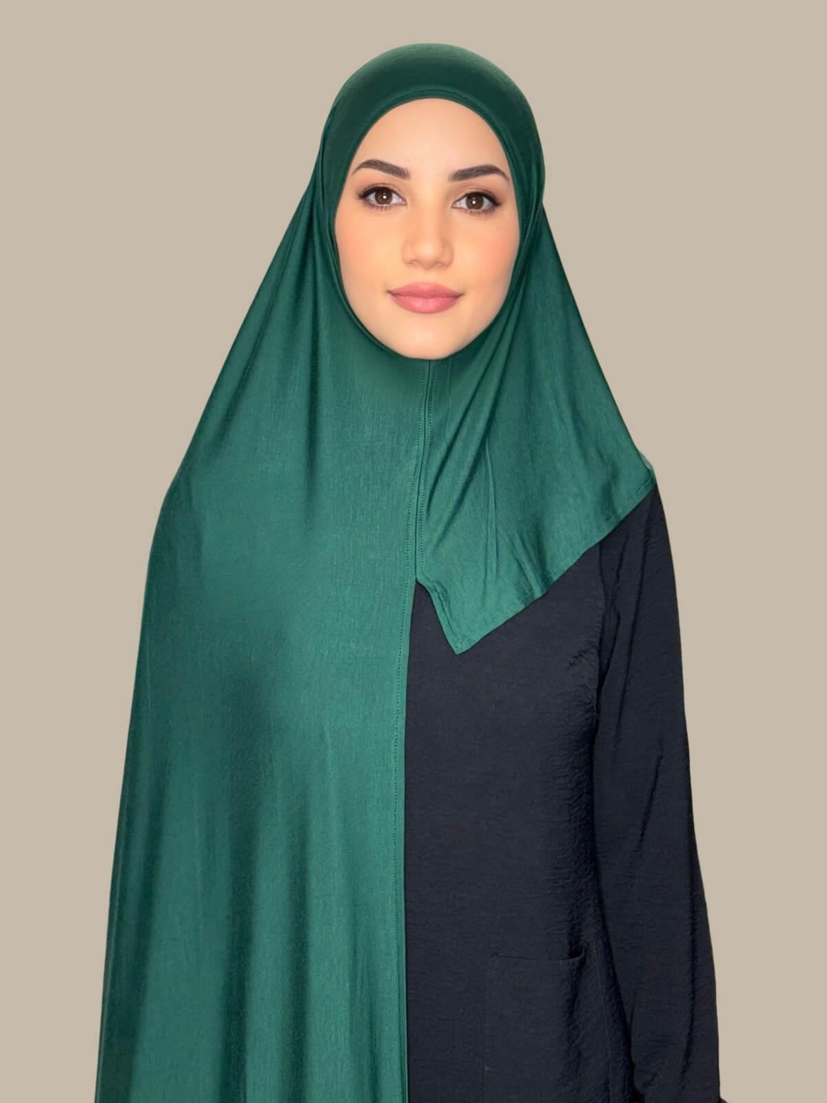 Forest Green Pre-Sewn Jersey Hijab front view on model showing full coverage and smooth drape on both sides
