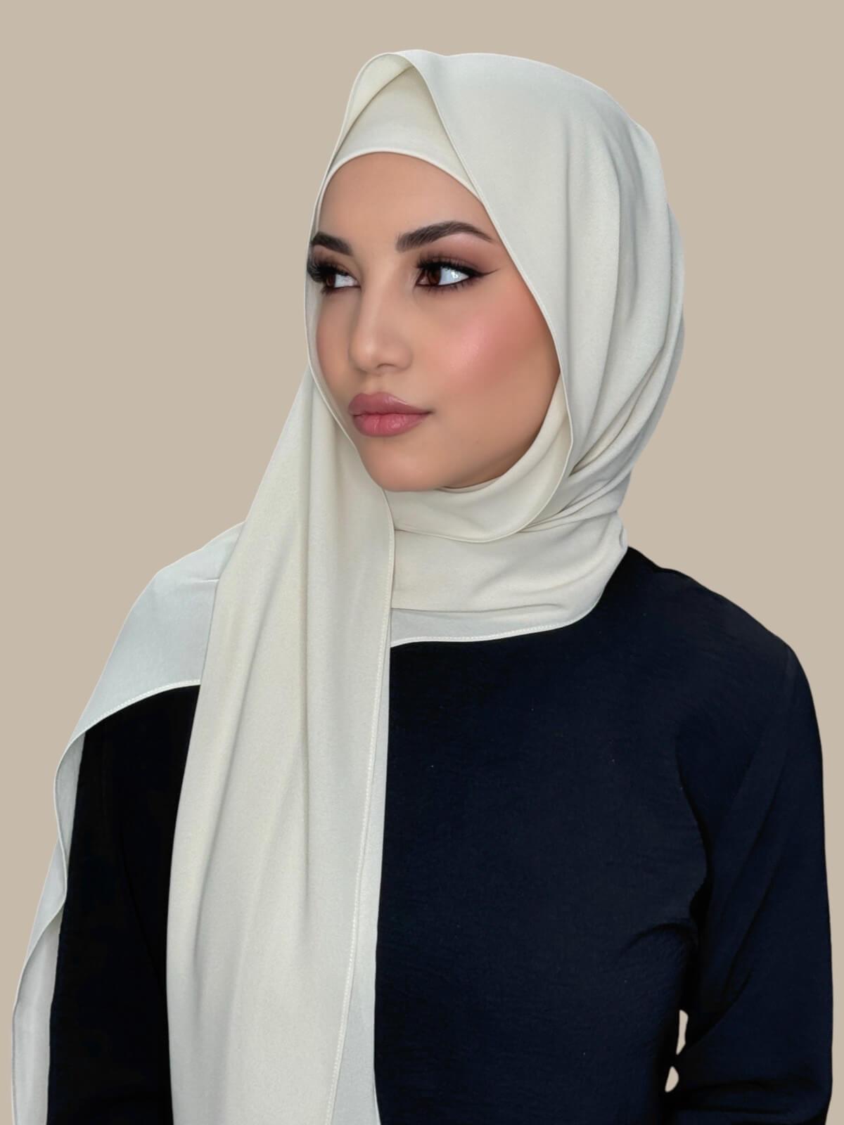 Royal Beige Matching Chiffon Hijab Set on model,front view showing lightweight drape and smooth layered wrap with elegant finish