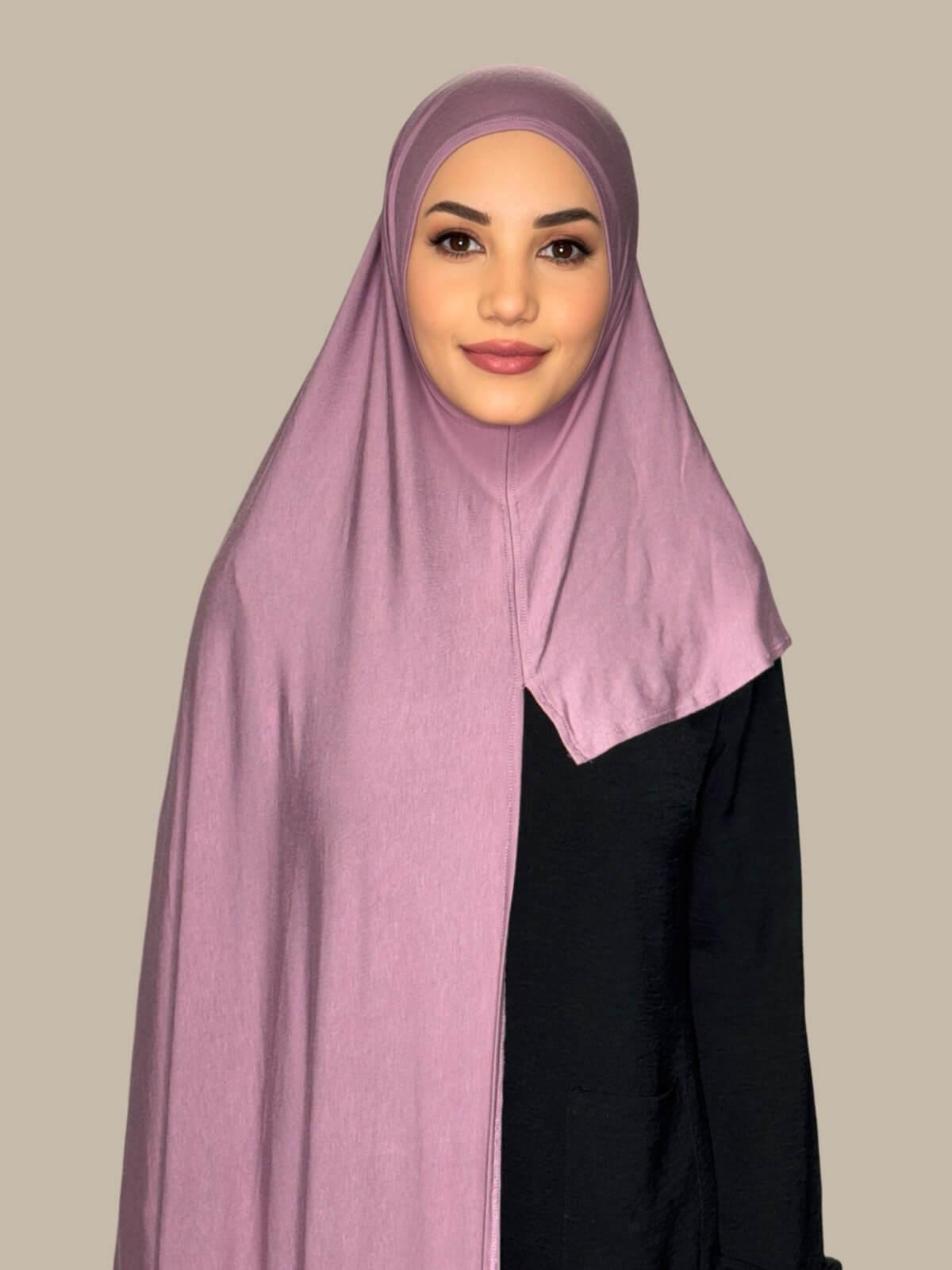 Khaki Rose Pre-Sewn Jersey Hijab front view on model showing full coverage and smooth drape on both sides