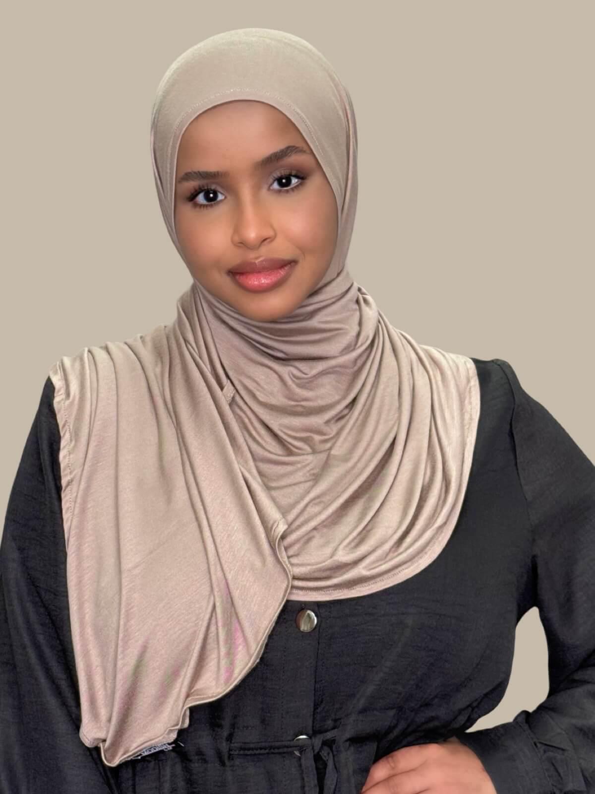 Desert Pre-Sewn Jersey Hijab, front view on model