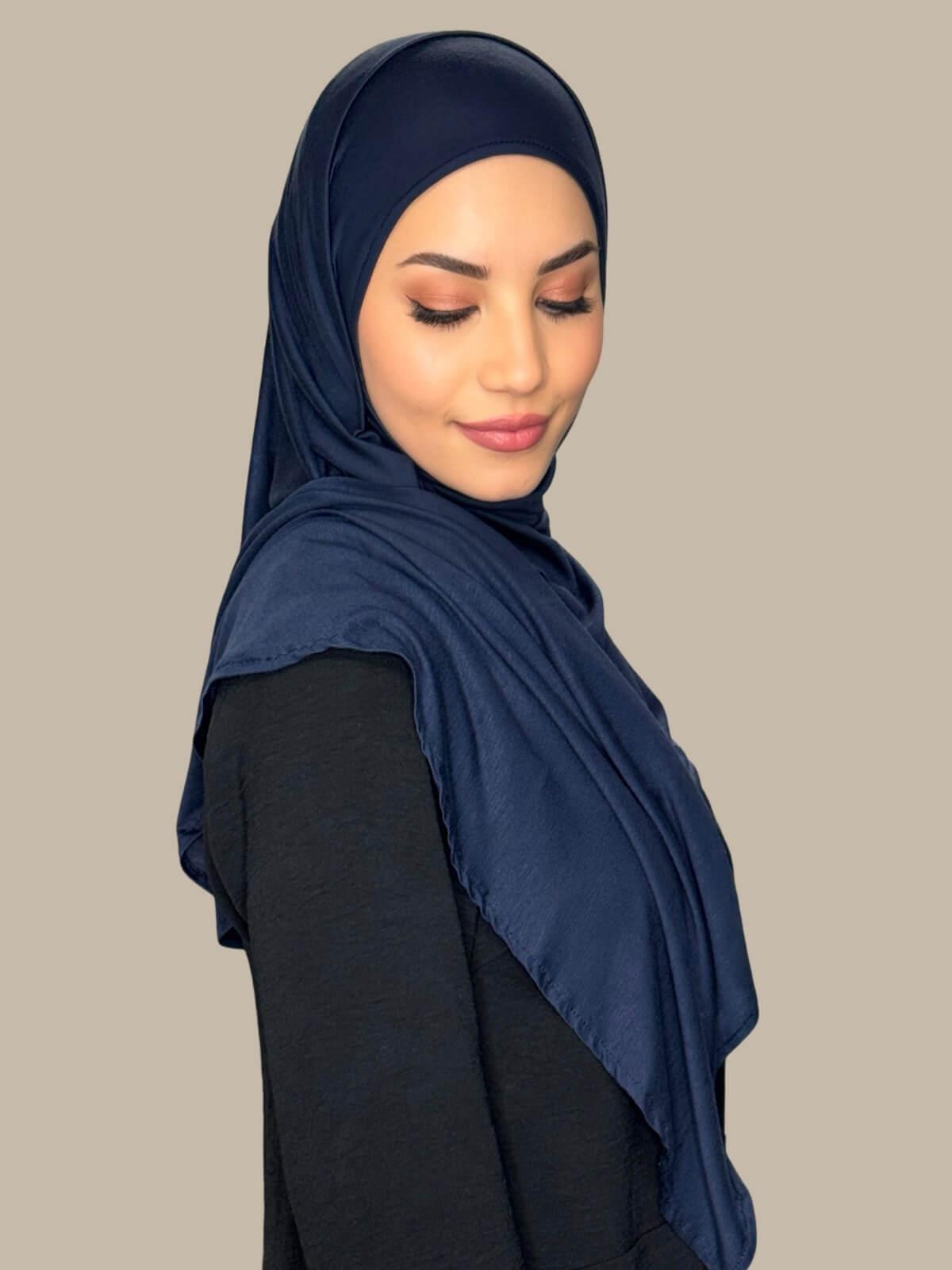 Navy Pre-Sewn Jersey Hijab, on model side view