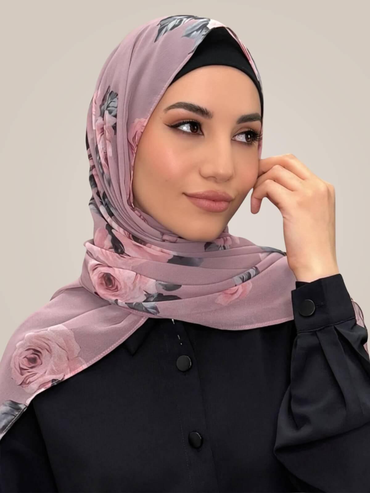Printed Chiffon Hijab-Neutral Rosette