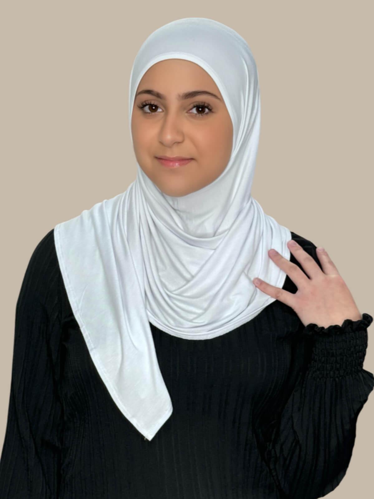 White Pre-Sewn Jersey Hijab in Modish Girl size, front view on model with hijab wrapped neatly around shoulders showing smooth fit and soft stretch fabric.