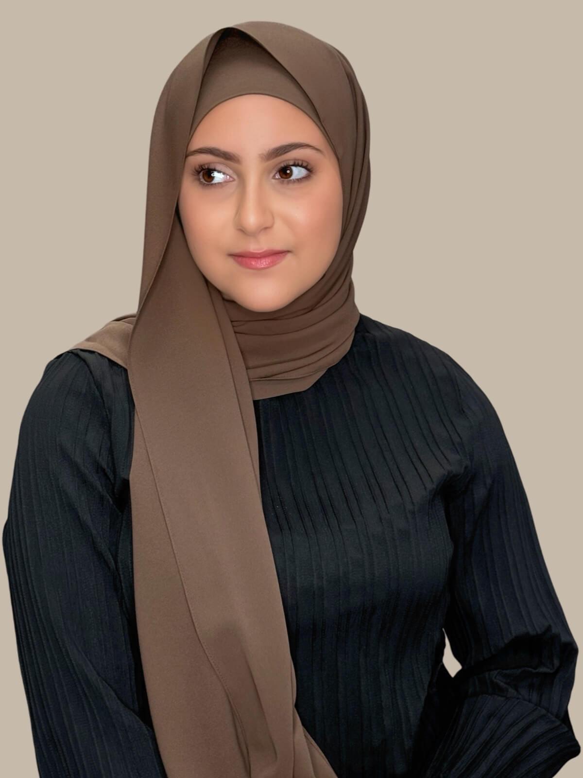 Swiss Brown Matching Chiffon Hijab Set in modish girl size on model,front view showing lightweight drape and smooth layered wrap with elegant finish.
