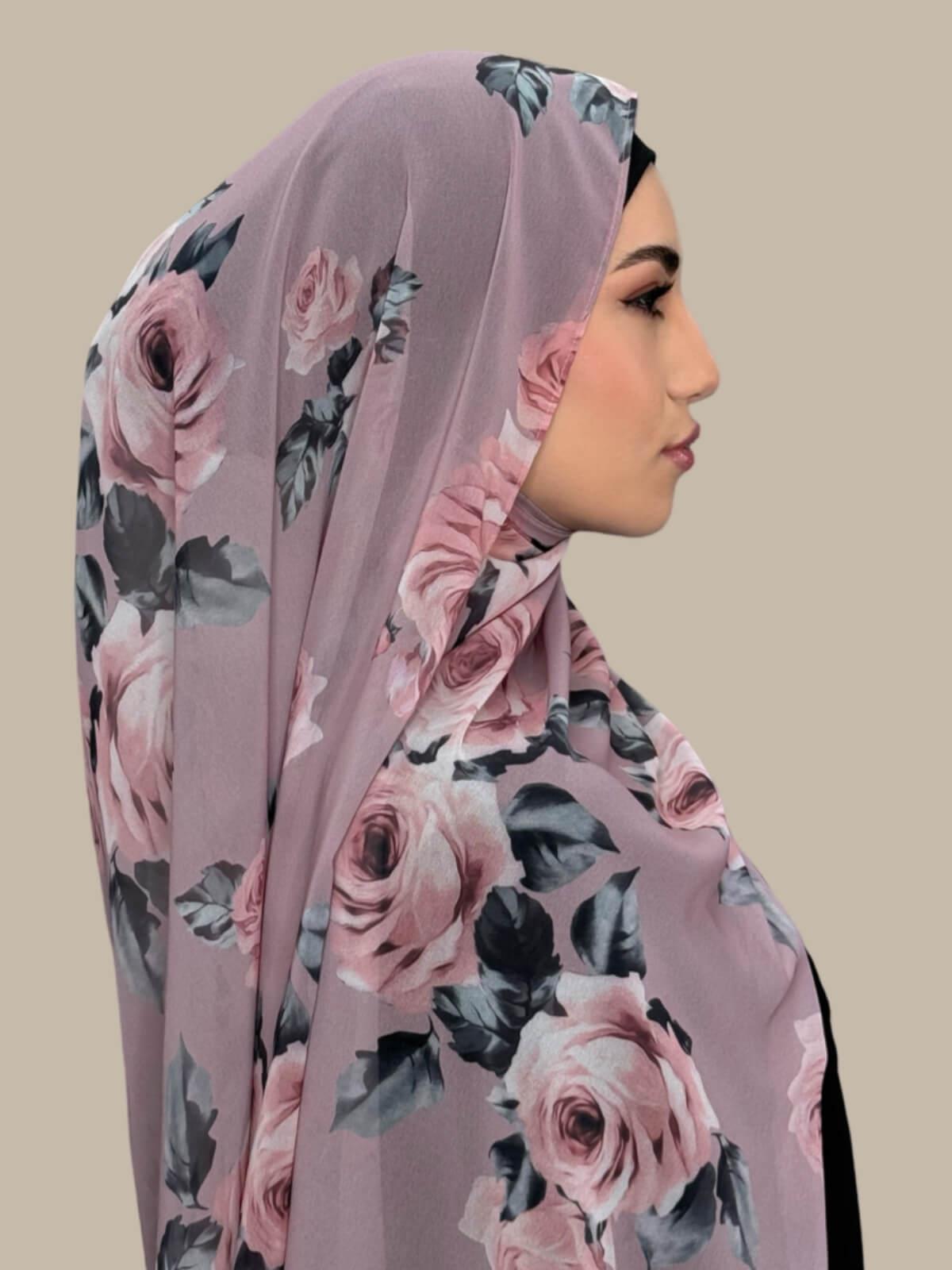 Printed Chiffon Hijab-Neutral Rosette