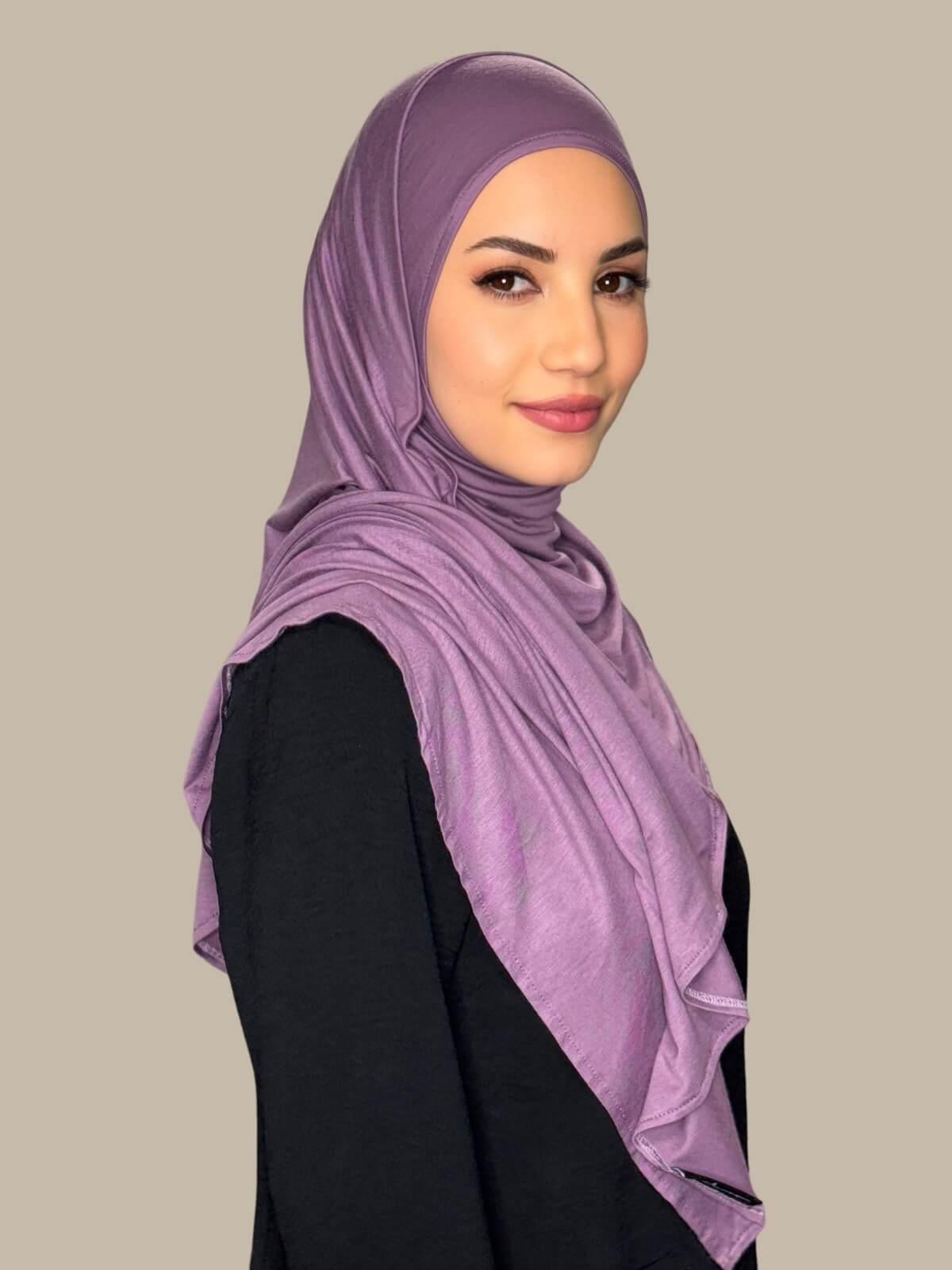 Mauve Taupe Pre-Sewn jersey Hijab side view on model