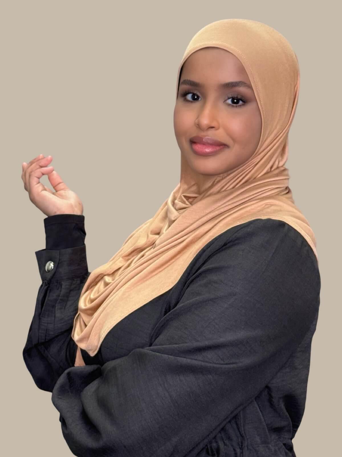 Honey Pre-Sewn Jersey Hijab, side view on model, full coverage