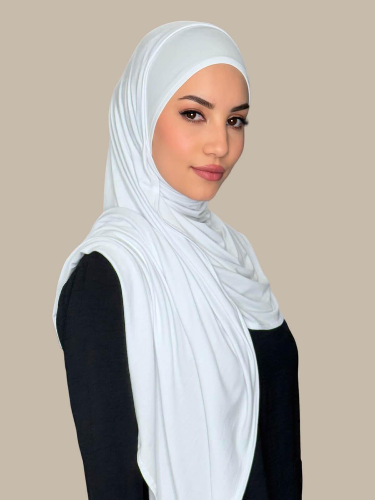 White Pre-Sewn Jersey Hijab — side profile showing fit