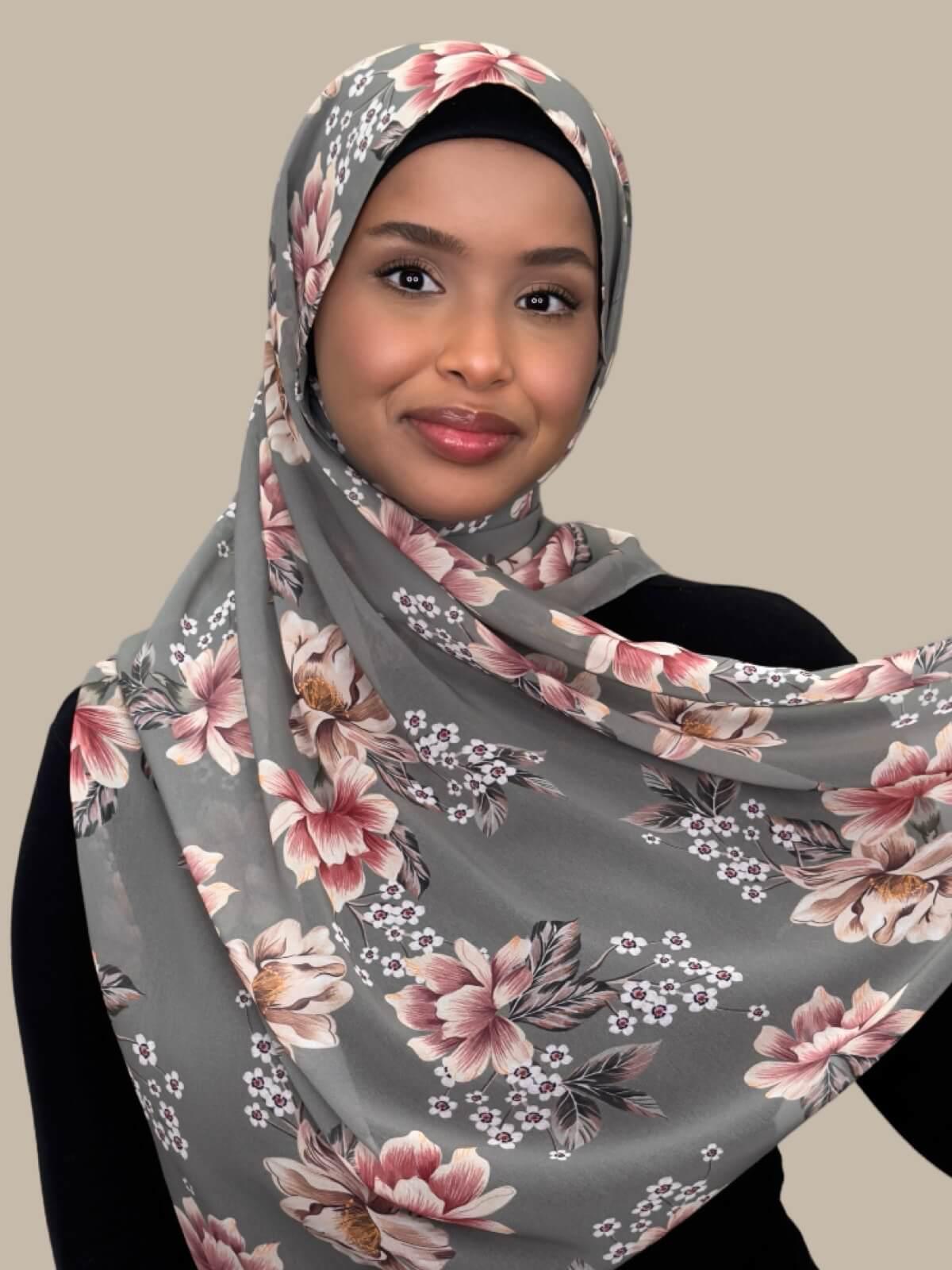 Printed Chiffon Hijab-Vintage Peony