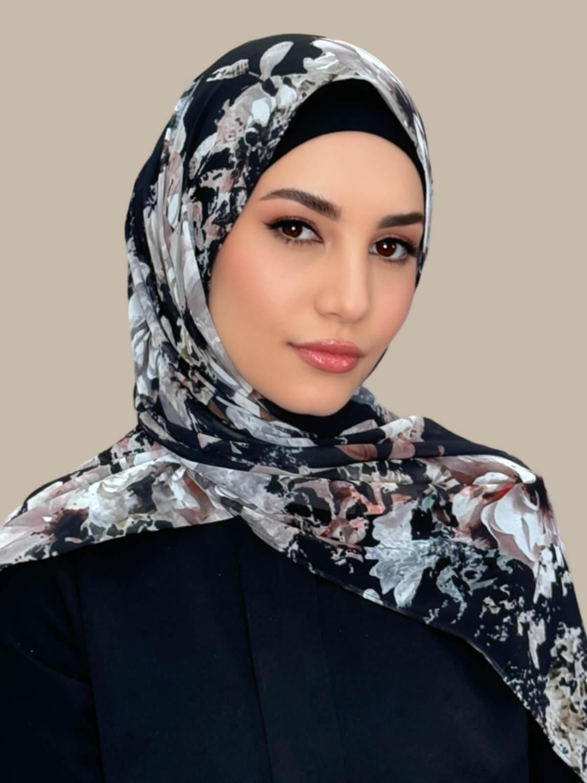 Printed Chiffon Hijab-Fleurette Slate II