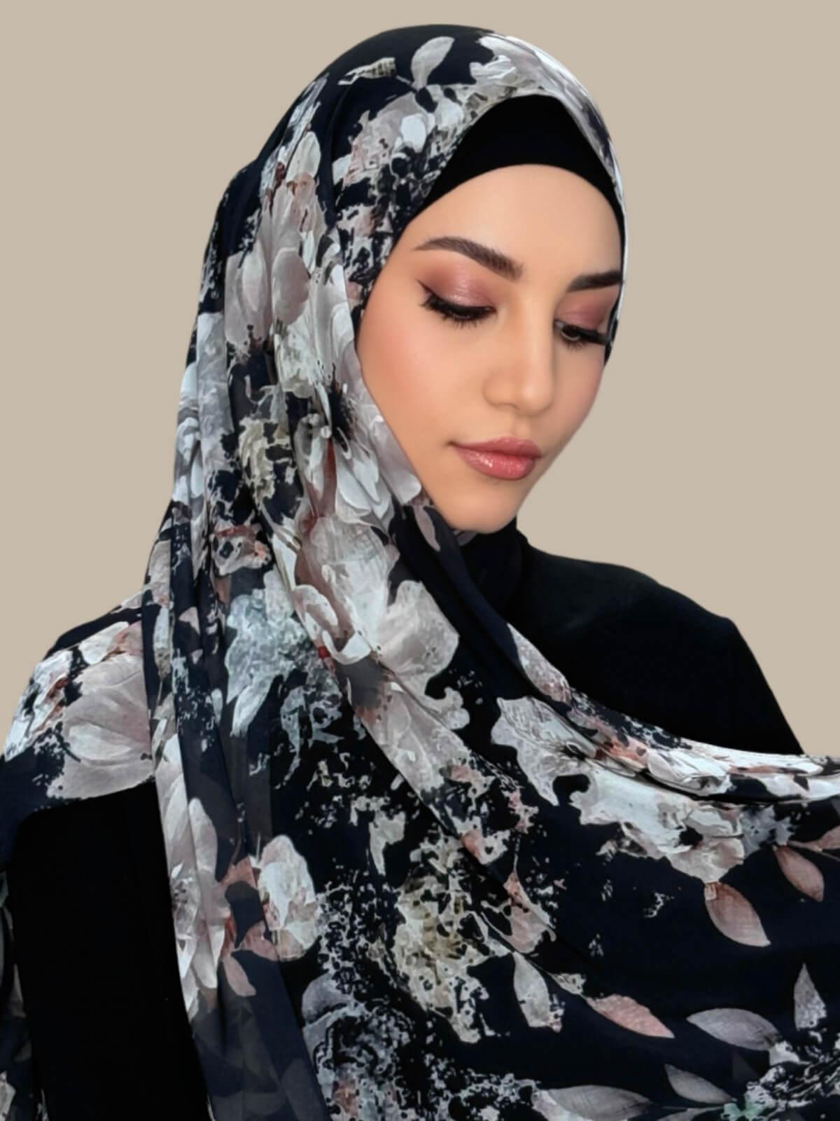 Printed Chiffon Hijab-Fleurette Slate II